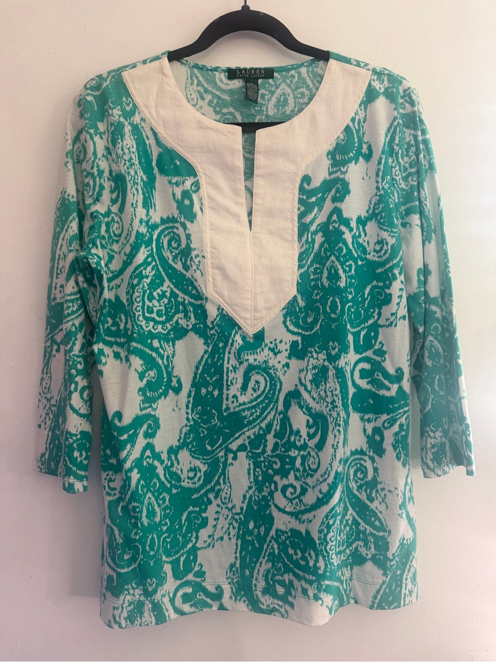 Ralph Lauren Teal and White Paisley Split-Neck Tunic Large